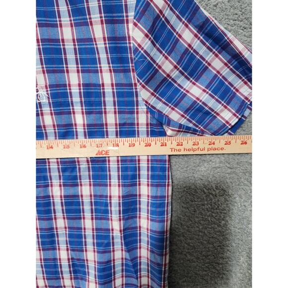 Penguin Button Up Shirt Large Classic Fit Blue Plaid Short Sleeve Casual Mens - Picture 5 of 7